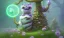 Placeholder: cheshire cat in a tree, leaning on a branch, wide grin, glowing eyes, blue and grey, alice in wonderland, signpost pointing in different directions, orbs of light, tea pot, teacup, film still