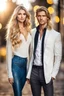 Placeholder: the genre is modern, a gorgeous couple, a beautiful woman model and actress, long hair, bright eyes and a beautiful man in modern clothes, he has blond hair, bright, expressive eyes, perfect facial features, he looks like a famous actor, a very beautiful favorite of all women, a full body, he stands tall, background bokeh