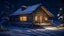 Placeholder: this small log cabin is snow covered at night in 8 k