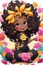 Placeholder: A sassy thick-lined comic style cartoon black chibi girl lounging lazily on her side, surrounded by colorful flower petals. She has a golden lion tail curling playfully behind her curvy body. Looking up coyly, she grins widely, showing teeth. Her poofy hair forms a mane framing her confident, regal expression.