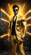 Placeholder: Hyper Realistic handsome muscular Electric-Superhero with short-black-hair wearing long-fancy-yellow-tuxedo-with-golden-circuit-patterns & fancy-sunglasses in a dark-rustic-circuit-room with electric-sparks-&-rays & a massive circuit-board-wall with-glowing-embers showing dramatic & cinematic ambiance.