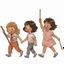 Placeholder: children joyfully walking. Left most child is carrying a parade leader's staff wrapped in ribbon. Right most child is holding drumsticks. improve quality but maintain style.