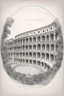 Placeholder: A fine line sketch drawing of the coliseum from Rome with very clean realistic details designed in a circle