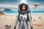 Placeholder: Photorealistic slim woman with black hair in a space suit, looking out over a sandy beach next to a sea, flying mushrooms with octopus tentacles