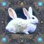 Placeholder: white platinum rabbit with blue third aye and butterfly wings, aboriginal, dot painting, indiginous, dot, mud, dream-time, abstract, dots, natural pigment, extremely sharp detail, finely tuned detail, ultra high definition, 8 k, unreal engine 5, ultra sharp focus, art germ and Paul Lewin and Kehinde Wiley, winter ambiance