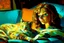 Placeholder: impasto, hard plastic strokes, closeup, night, light brown haired woman with cat on sofa in an elegant room S<AI in tiffany lamp light Weight:1 neo-impressionism expressionist style oil painting, smooth post-impressionist impasto acrylic painting, thick layers of colourful textured paint Weight:0.9