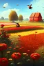 Placeholder: field, farm, scarecrow, plants, red flowers, grass, sky, bees, honey, bee houses, trees, fountain, flowers, brown board