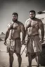 Placeholder: close up photography of two angry ugly brawn 28-year-old burly beefy bullneck arabs tourist guides wearing bulging shorts, shirtless, big shoulders, hairy chest, manly chest, with very bushy eyebrows, photorealistic, sunlight, ambient occlusion, strong side light , near a camping tent in the desert