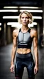 Placeholder: photography of a beautiful anorexic woman, grey satin triathlon top, sports illustrated, blond short wavy bob haircut, pronounced sternum, flat chest, anthracite cycling leggins