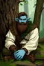 Placeholder: Firbolg, Ranger, Short Beard, In a forest, Dark Brown Hair, Gentle Giant, Leather Armor, Pale Blue Skin, Pine Needles on Armor, Green Eyes, Short Hair, Long Floppy Ears, Mid-20's, Against a tree, sitting down, legs crossed, relaxing, White Shirt, Pine Needles, Fir