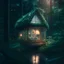 Placeholder: terrario with universe in, A cottage in the middle of a woods, with a rocking chair on its porch. Surrounded by lush greenery, and light rain falling. Comforting, high lighting, intricate, 8k, macro photography