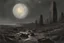 Placeholder: Dark Grey sky, one exoplanet in the horizon, lagoon, vegetations, rocky land, rocks, 2000's sci-fi movies influence, cosmic future influence, trascendent, intergalactic influence, friedrich eckenfelder and alfred stevens impressionism paintings