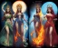 Placeholder: Four doll divine representing each one the four elements: fire, earth, air, and water. Mark Brooks and Dan Mumford, comic book art, perfect, smooth elemental galactic space core royalty queens crown.