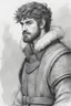 Placeholder: man, age 20, medieval, fighter, russian, croocked nose, czar, rich, simple clothes, short messy hair, thick beard, oligarch, leather coat with fur, brocade clothes, pencil drawing, black or red hair