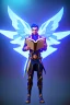 Placeholder: a human male with blue short hair and blue wings in an assymetrical armor with geometric patterns and a book in hand