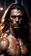 Placeholder: portrait of a 35 year old Handsome muscular vampire with light bronze skin and long hair. dark science fiction. photorealistic