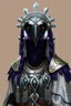 Placeholder: 3/4 waist-up portrait of an aarakocra in typical d&d book artstyle. l Wearing ceremonial armor similar in design to ceremonial armor from the Old Republic MMO, but silver. She has purple feathers with black around the eyes and white under her beak and through her neck. Wearing a silver semi-circular headdress, and medium-length chain tassels ending with large amulets with stones inset on each side. Has a sharp black beak, and wears a regal expression.