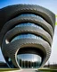 Placeholder: circular building, kengo kuma style facade, modern design, raw photo