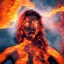 Placeholder: woman made of lava, full face, fire angel, hair on fire, hair made of flames, flames covering breasts, flames all around, only wearing bikini made of flames, extremely detailed, photo style, style of photo, lava background, smokey sky