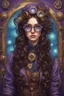 Placeholder: A girl with long, wavy dark brown hair, steampunk glasses on her head, purple eyes, dressed in steampunk clothes , Portrait of Van Gogh