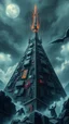 Placeholder: Synthography Art in Bocsh painting style nightmare of The Pyramid shape building with visual details of mechanical and electrical components and chips and components textures with gray clouds stormy weather in the background