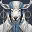 Placeholder: Portrait of a white deer sith with four horns, wearing blue and white robes and a hood