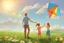 Placeholder: a father, a girl and a boy with a kite flying in the sky on the green field with flowers in sunshine