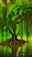 Placeholder: , old willow tree by the river , a lovely ducks is swimming in the river