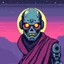 Placeholder: 8 bit pixelart of a terminator like robot, synthwave colored, vaporware, budist monk robe