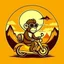 Placeholder: Monkey riding a scooter with sunglasses and a big smile, have a mountain sunset on the background, make a round logo, make the color brown