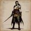 Placeholder: ConceptSheet: woman half-orc assassin and her dagger with AD&D statistics [by Guy Borremans]