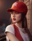 Placeholder: woman with a red baseball hat. leaning on a wooden balcony. night time. anime. studio lightining.