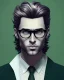 Placeholder: Fit man in round glasses, wavy hair, stubble, slim, tie, monotone, green eyes, comic book style, two tone colours, detailed, ink, realistic, handsome, square jaw, big brows, no jacket, bird on the shoulder, spotlight