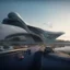 Placeholder: Puente para personas atraviesa una autopista de lado a lado, por debajo pasan autos, estilo Zaha Hadid