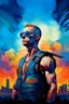 Placeholder: A surreal picture of a man wearing sun glasses with crystal visible chest in side it merge a big city buildings. Busch painting style , mystery, anger oil rough brush with thick colors, wearing nucleus with big cross on his chest , blue colors picture with colorful clouds and hanging a gun strap on his chest