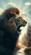 Placeholder: portrait of a lion open his mouth Double exposure surreal digital art of a mysterious , his face in profile, blending seamlessly into the shape of the clouds . a magical forest scene unfolds, illuminated by golden light rays, with tall trees and a flowing river.