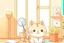 Placeholder: cute fluffy chibi beige cat with a giant thermometer in a modern room in sunshine