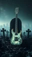 Placeholder: "ancient glowing metallic white electrical guitar on a ruined graveyard altar, surrounded by black flowers runes and chitin shards, starry sky of a city background, dramatic spotlight, 16:9, high detail, no humans."
