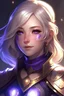 Placeholder: Young female aasimar light gold hair dark purple eyes adventurer clothing glows with holy light purple eyes amethyst eye color