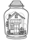 Placeholder: little house life in jar minimalistic, line art, background, vector, svg, coloring book page style, black outline on white background