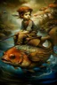 Placeholder: a painting of a young boy riding a fish, a storybook illustration by Esao Andrews, cgsociety, pop surrealism, storybook illustration, whimsical, detailed painting, ukiyo-e style