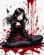 Placeholder: Petit girl goth smiling, lying pose, fullbody, behind blood guts rising from the ground, illustration by <Yoji Shinkawa>, behind paint splashes darkred tones,