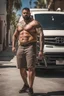 Placeholder: half figure photography of a 39 year old beefy burly latino , shirtless, bulging shorts, leaning with his to his van, hands on the fap, big shoulders, hairy chest, tattoo, very virile, short beard, short hair, side light, in a sunny street, photorealistic