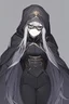 Placeholder: half-elf; mask; wizard; dark long hair; delicate features; dresses simply; potions; attractive appearance; depression; tall; wearing a dark grey hooded cloak; dark background; tight black leather pants; bangs hair;