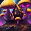 Placeholder: space island mushroom house. black, magenta, and yellow colored. Detailed oil Painting, muted color, fantastical, intricate detail, splash screen, hyperdetailed, insane depth, concept art, 8k resolution, trending on artstation