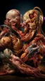 Placeholder: cinematic gore Bosch style photorealistic fleshy dmt lsd photo of 2 conjoined mangled zipper-faced embryonic bodies wrestling, 1 soul vortex, complementary, anatomically fragmented, ripped apart again being flayed, skinned alive. A beating heart, muscles, blood vessels, bowels, entrails are exposed. Visceral anatomy. physiology. Bosch and Dali inspired hallucinations. mythology. grotesque.