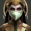 Placeholder: jade, mortal kombat, face, mouth open, white clothes, white ninja mask, black hair, brown eyes, woman, darker skin tone