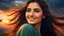 Placeholder: Hyper Realistic Photographic Close Side Face View Of A Extremely Beautiful Pakistani Pashto Young Woman (With Beautiful Green Eyes & Long Hair Whirling From Cold Breeze, Happily Looking At The Dramatic Cloudy Sunset And Giving A Bold Smile, With Navy-Blue Sky & Dark Clouds With Orange Sunset Sky, With Few Birds Flying Far, Showing Dramatic And Cinematic Ambiance.