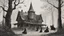 Placeholder: A gothic woodland house with a coven of witches dancing in front of it.