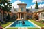 Placeholder: a luxury villa yard with pool in center and pretty plants trees flowers, pretty clouds,a pretty model lady in victorian clothing walking in villa yard path around pool .every thing and lady is made of small colored cubes as a puzzle